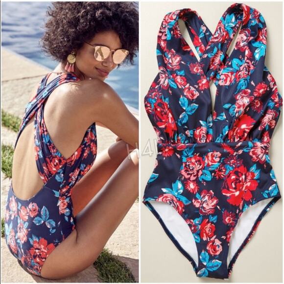 High Drive by ModCloth Deep V-Neck Floral Navy/Red One-Piece Bathing Suit - Picture 9 of 9